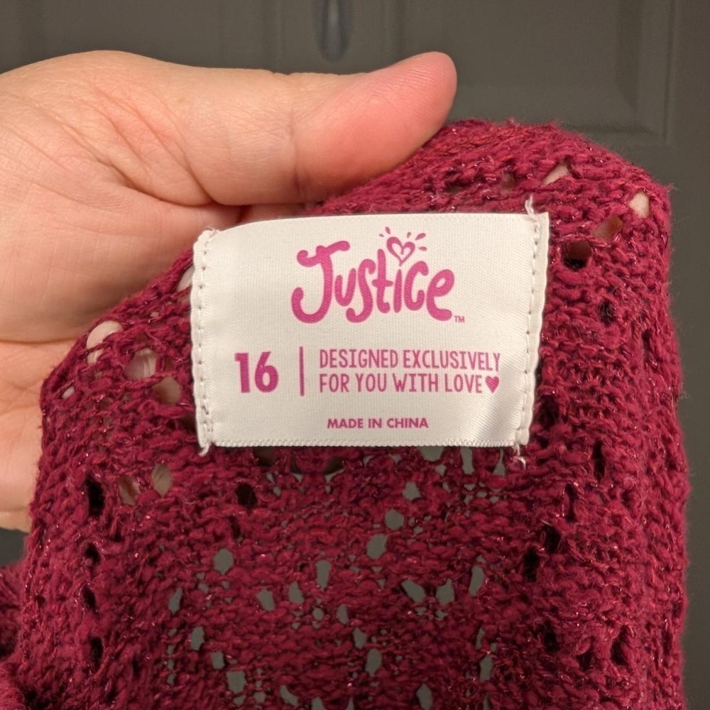 Justice Big Girls Size 16 Open Knit Sweater Lace Trim Berry Metallic - Picture 5 of 6
